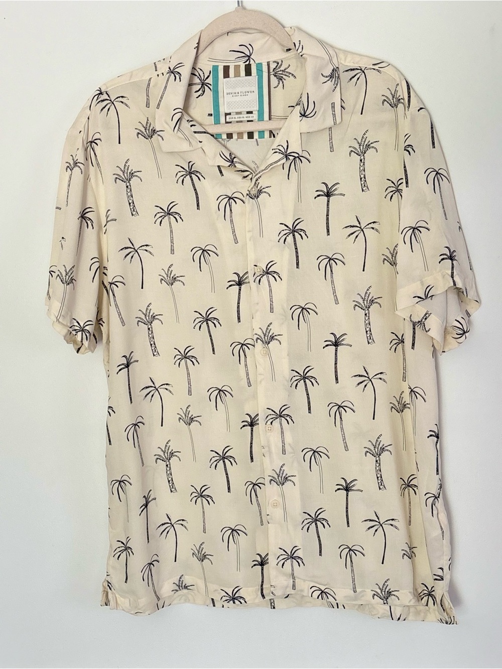 Denim & Flower Cream Short-Sleeve Palm Trees Tropical Men’s Button-Down Shirt XL